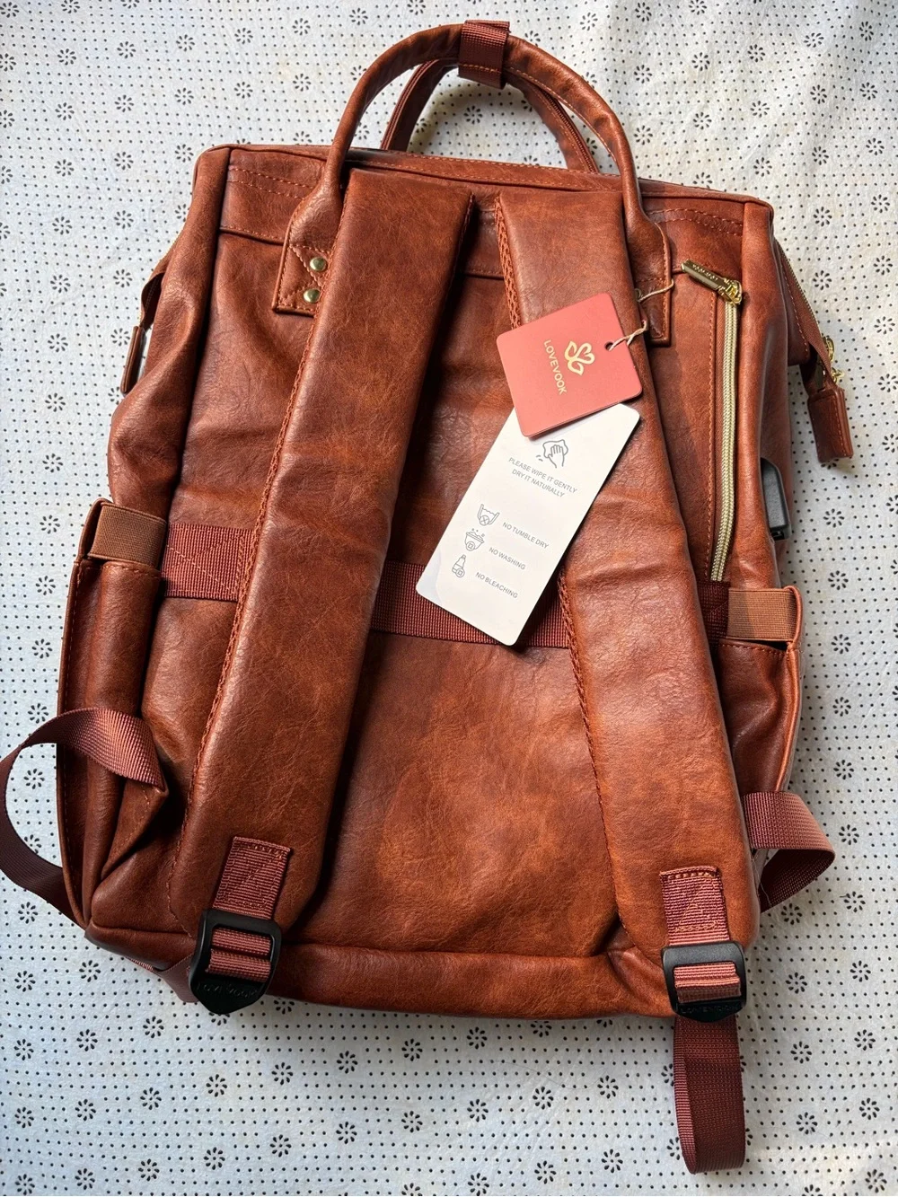 NWT LOVEVOOK brown Vegan Leather 15.6” Laptop Backpack - USB Port & Gold Zippers